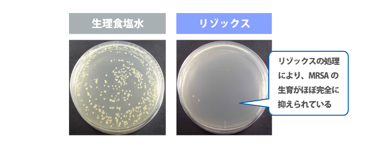 生理食塩水　リゾックス　リゾックスの処理により、MRSAの生育がほぼ完全に抑えられている